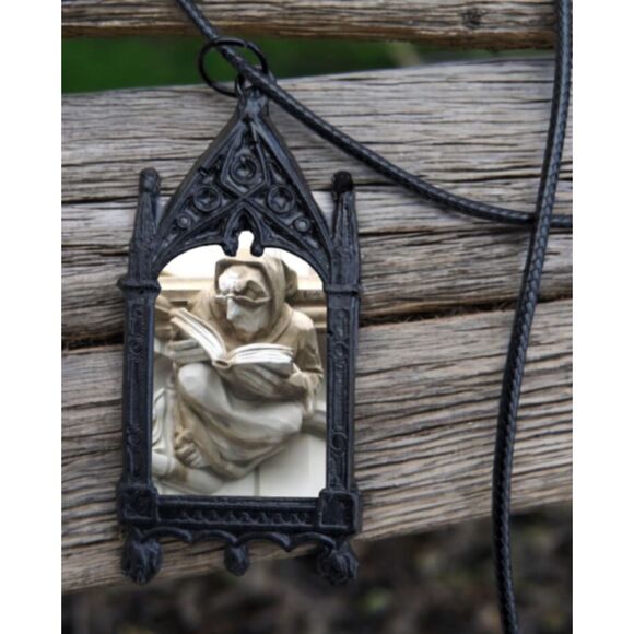 Reading Gargoyle Pendant Stone Cathedral Gothic Archway Necklace Book - Picture 3 of 3